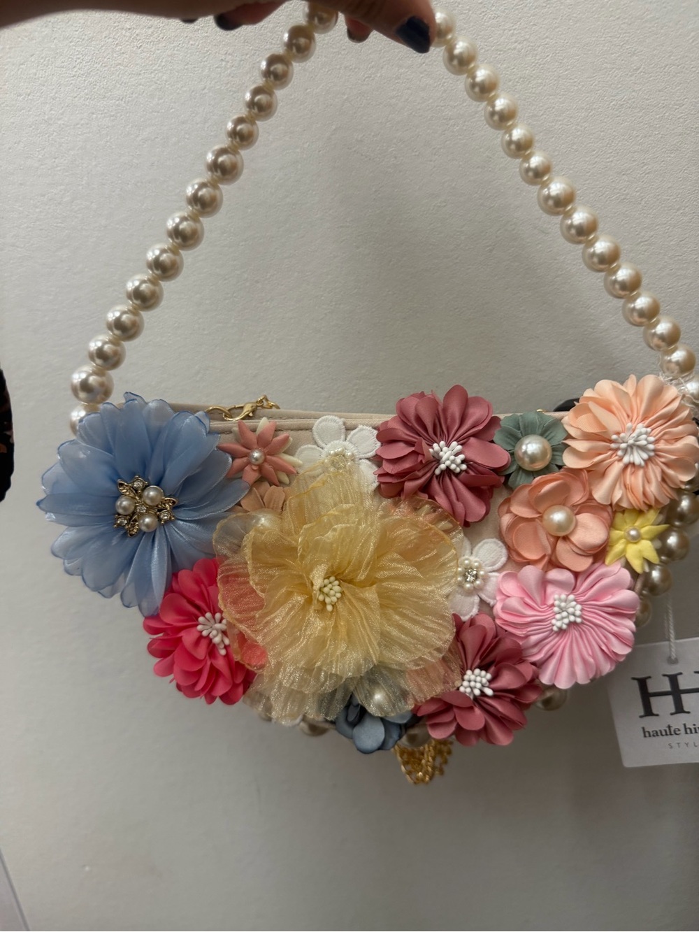 Floral Appliqué Pearl Handle Clutch - Multicolor